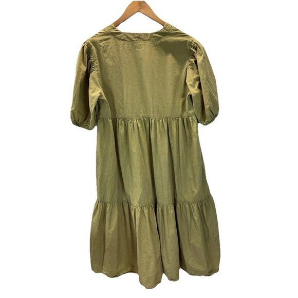 Caryn Lawn Dress Womens One Size Green Pockets Tiered Midi puff sleeve - Picture 2 of 13